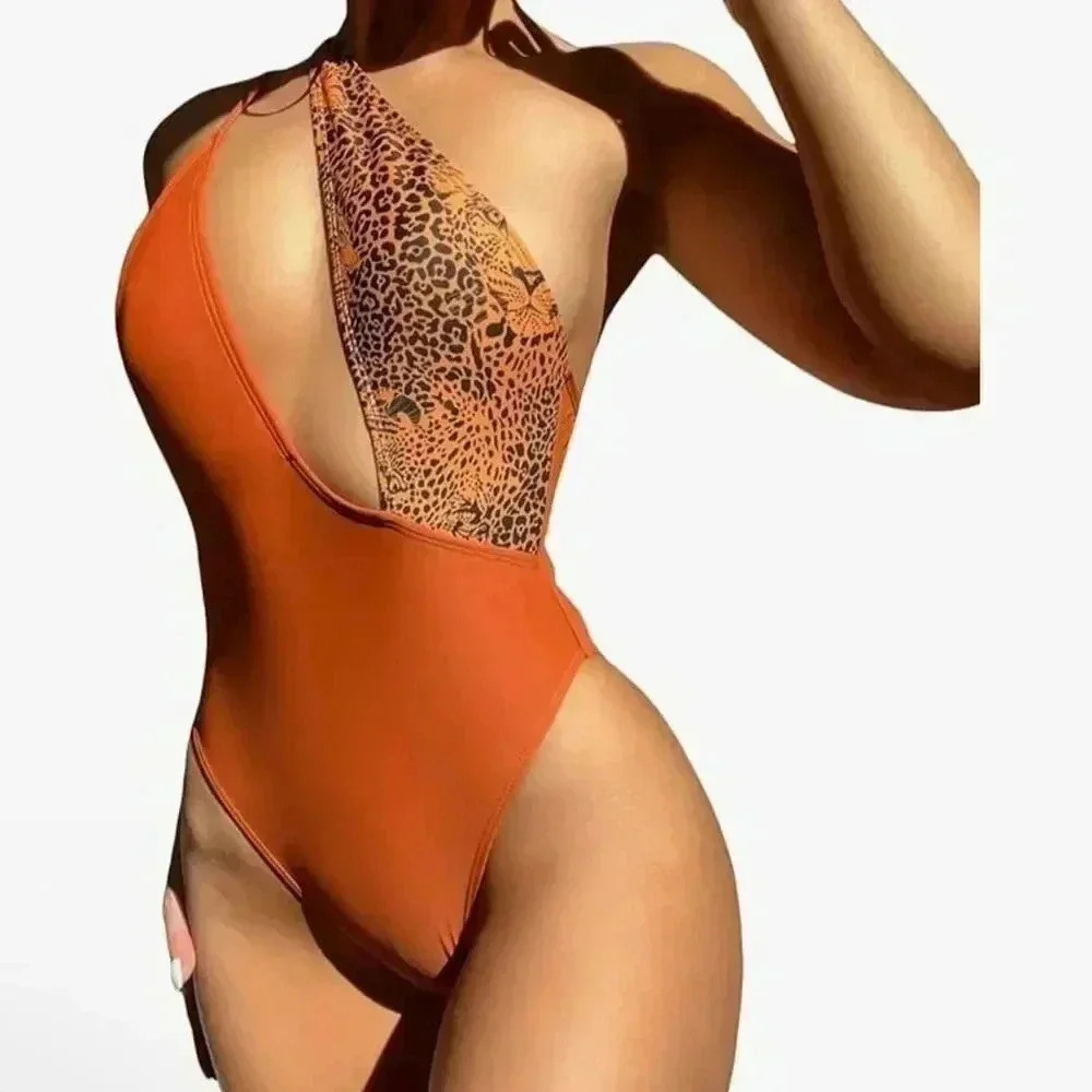 🌟 One Shoulder Cut-out Leopard One Piece Swimsuit Orange Women's Size S 🌟